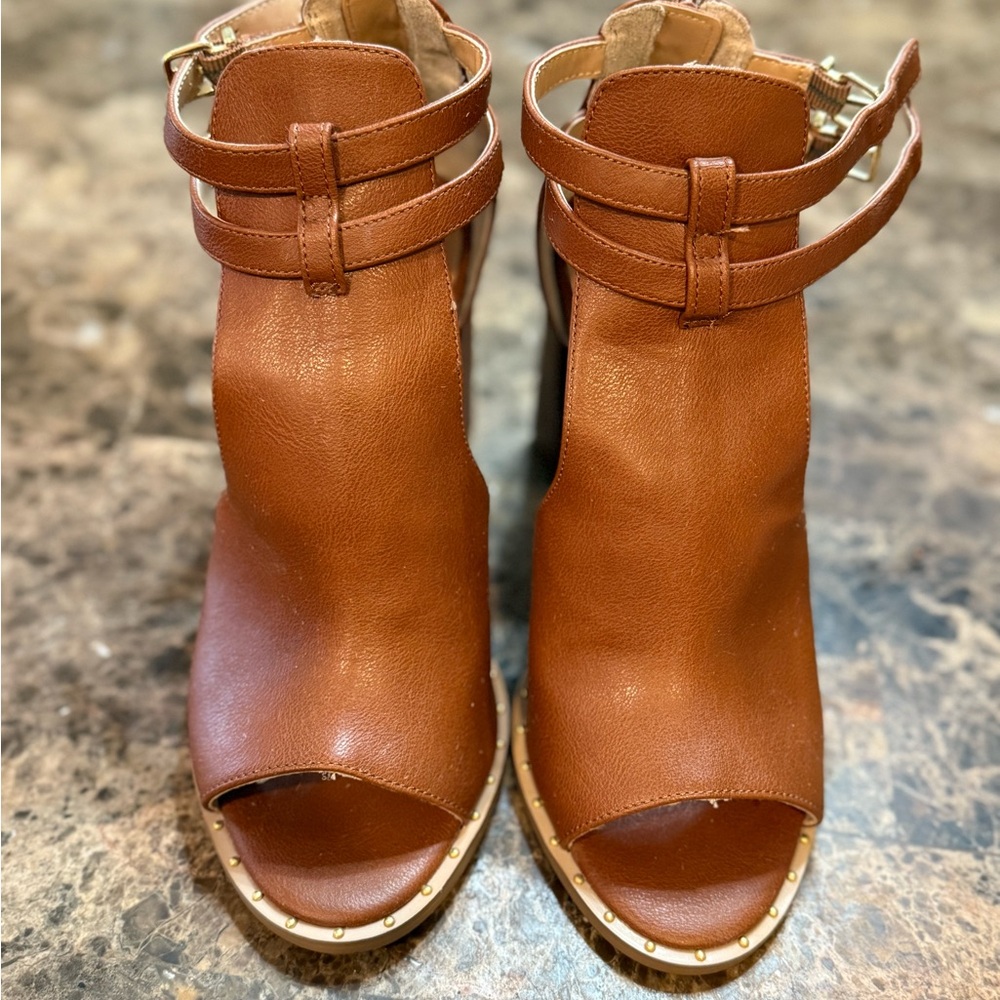 NY &Co Brown Leather Chunky Heel Peep-Toe Shoes